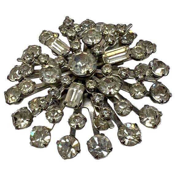 Vintage 50s Clear Rhinestone Sparkling Starburst Brooch Prong Set - Picture 2 of 8